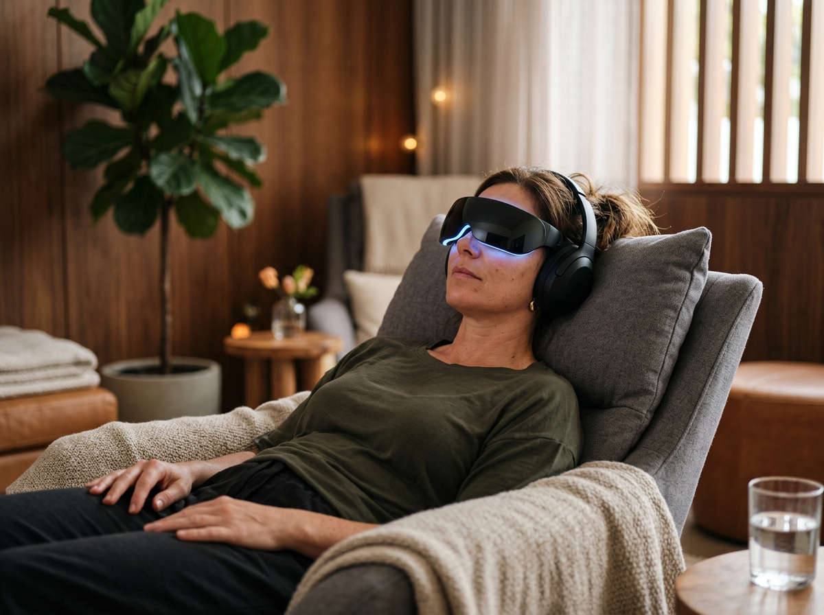 Woman relaxing in a lounge chair wearing a BrainTap headset with a glowing light visor