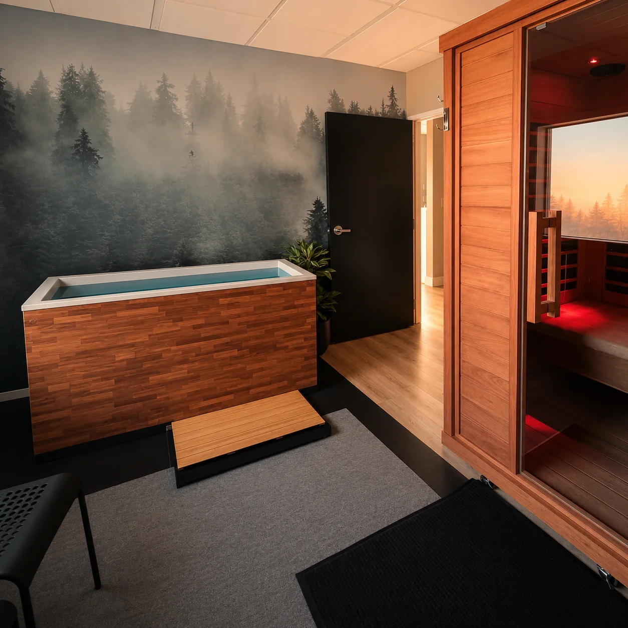 Fire Cold Plunge tub next to an infrared sauna in a recovery suite