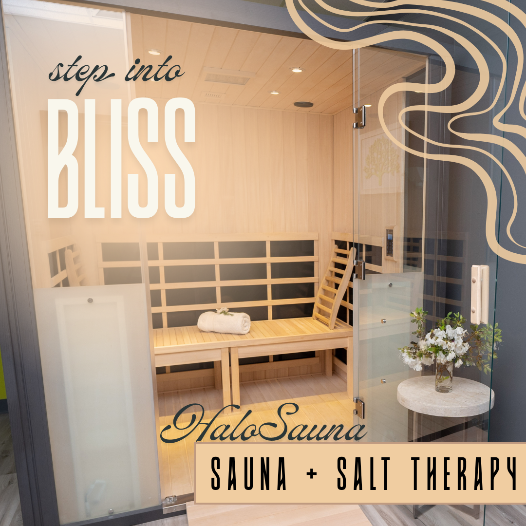 HaloSauna infrared salt sauna cabin with wooden bench and glass door