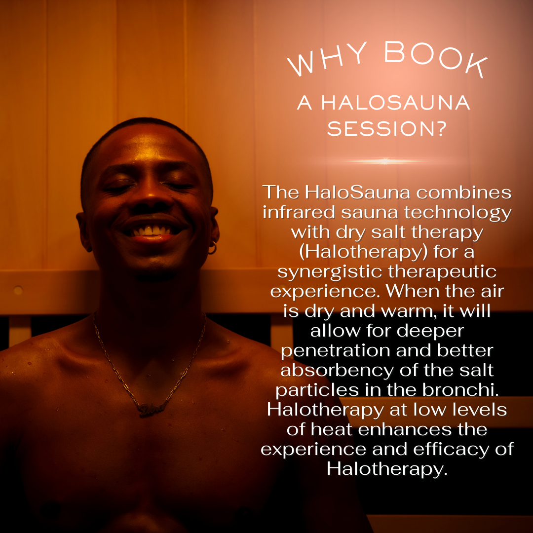 Why book a HaloSauna session: infrared sauna combined with dry salt therapy lets warm, dry air carry salt particles deeper into the bronchi